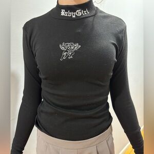 Black Long-Sleeve Ribbed Top with Cherub Embroidery